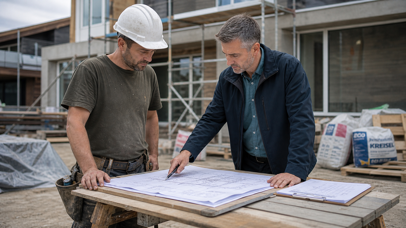 Koordynator inwestycji omawia rzuty architektoniczne z kierownikiem budowy na placu budowy